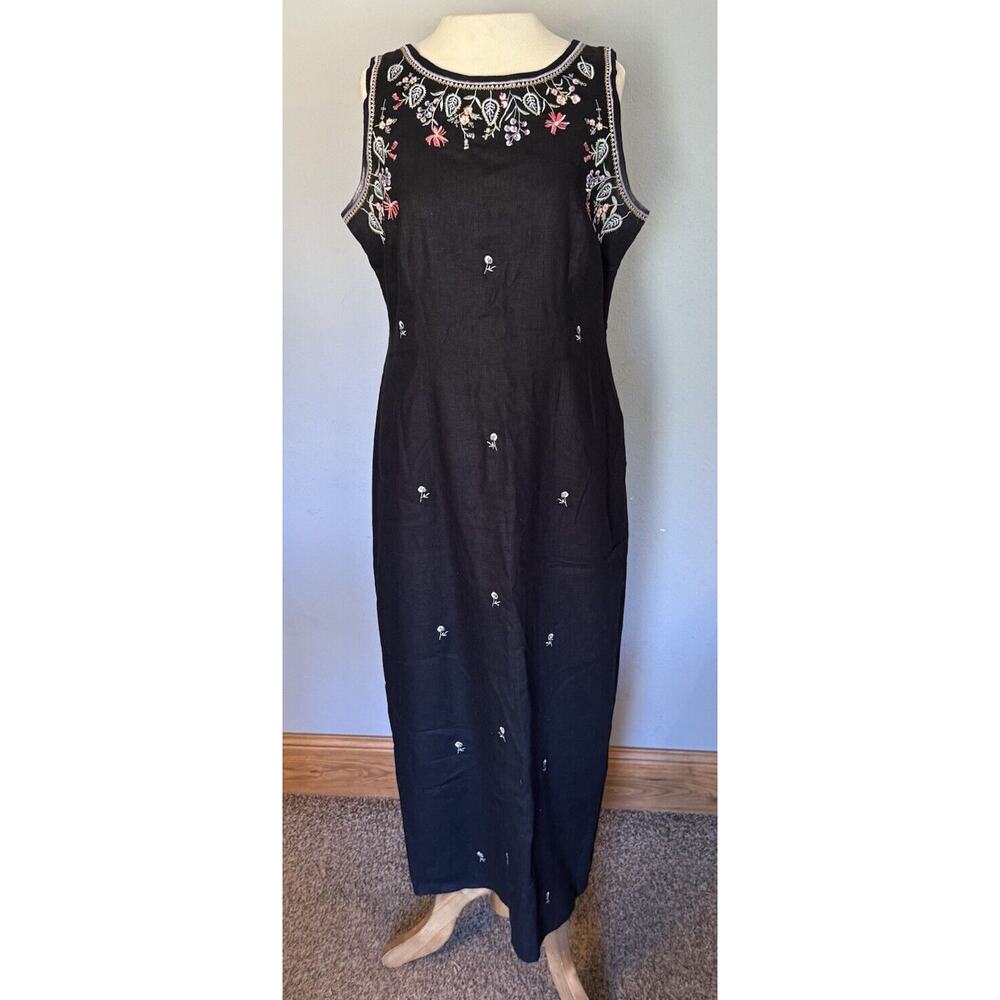 Ultra Dress New York Dress Size 10 Black Linen Blend Embroidered Button‎ Back